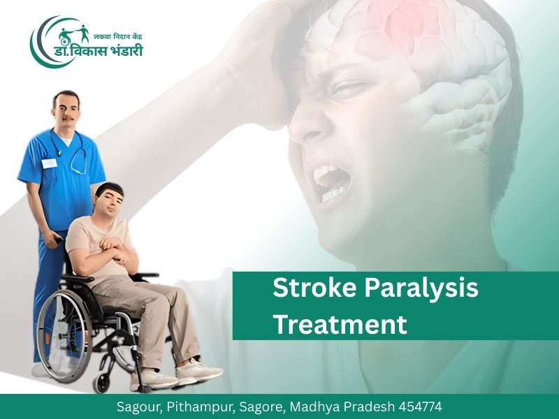 Doctor with a patient in a wheelchair and a person experiencing a stroke, promoting stroke paralysis treatment in Sagore, Madhya Pradesh.